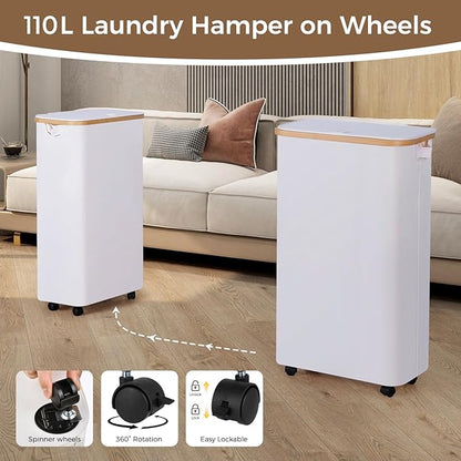 110L Slim Laundry Basket with Lid, Rolling Laundry Hamper with Bamboo Handles, Collapsible Dirty Clothes Basket Organizer with Removable Inner Bag and 3PCS Lingerie Bags for Washing Delicates