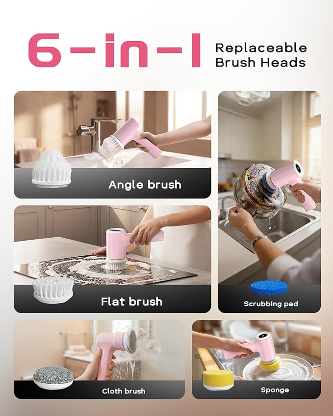 PUFTEM Upgraded Electric Spin Scrubber, Powerful Cordless Shower Scrubber with 4500mAh Large Battery & Speed Display, 6 Replaceable Brush Heads, Cleaning Brush for Bathroom Tile Tub Floor (Pink)
