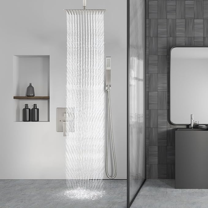 Aolemi Ceiling Mount Shower System Rain Shower Head with Handheld Spray High Pressure Shower Faucet Set Rough-in Valve Shower Trim Kit Included Bathroom Brushed Nickel 12 Inch Ceiling Shower Head