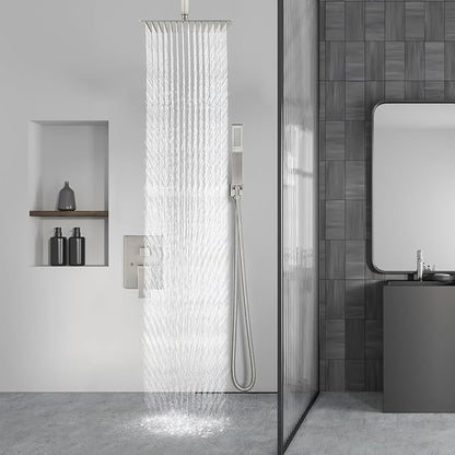 Aolemi Ceiling Mount Shower System Rain Shower Head with Handheld Spray High Pressure Shower Faucet Set Rough-in Valve Shower Trim Kit Included Bathroom Brushed Nickel 12 Inch Ceiling Shower Head