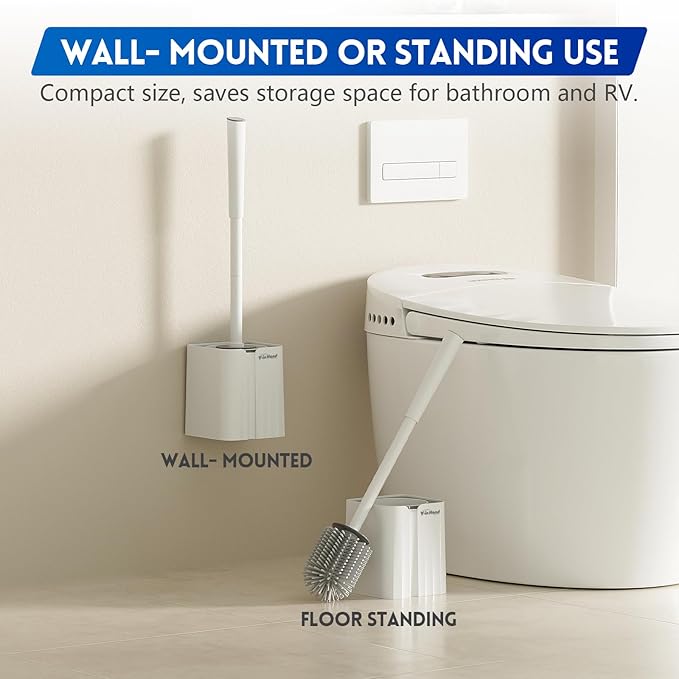 Y-in Hand 2 Pack Silicone Toilet Brush, Soft Toilet Bowl Cleaner Brush Set for Deep Cleaning. Bathroom Accessories with Long Handle, Wall mountable. - White