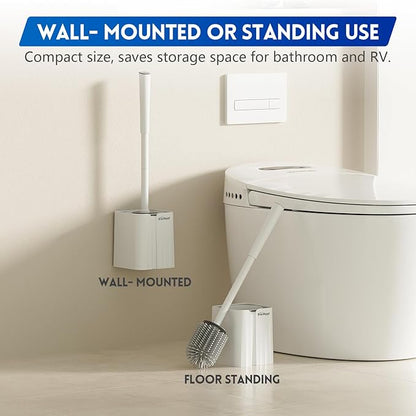 Toilet Brush and Holder Set, Silicone Toilet Bowl Brush, Bathroom Accessories, Durable Toilet Scrubber Bristles, Compact Size for RV, Wall Mountable, Drip-Proof, Deep Cleaning. (White)