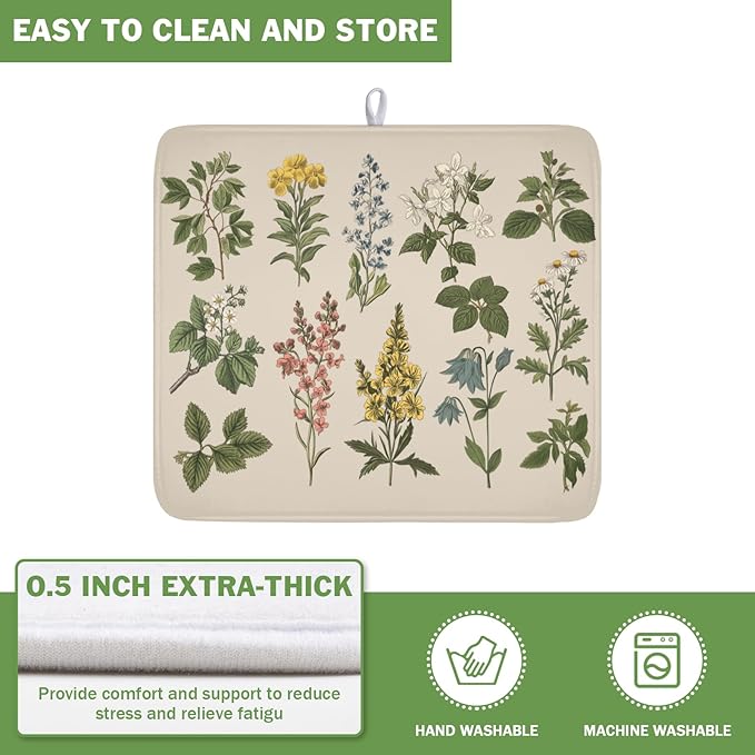 Vintage Plants Herbs Floral Dish Drying Mat for Kitchen Counter Retro Leaf Drying Mat 16x18 Inch Rustic Farmhouse Absorbent Dish Drainer Mat Kitchen Accessories