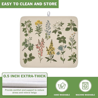 Vintage Plants Herbs Floral Dish Drying Mat for Kitchen Counter Retro Leaf Drying Mat 16x18 Inch Rustic Farmhouse Absorbent Dish Drainer Mat Kitchen Accessories