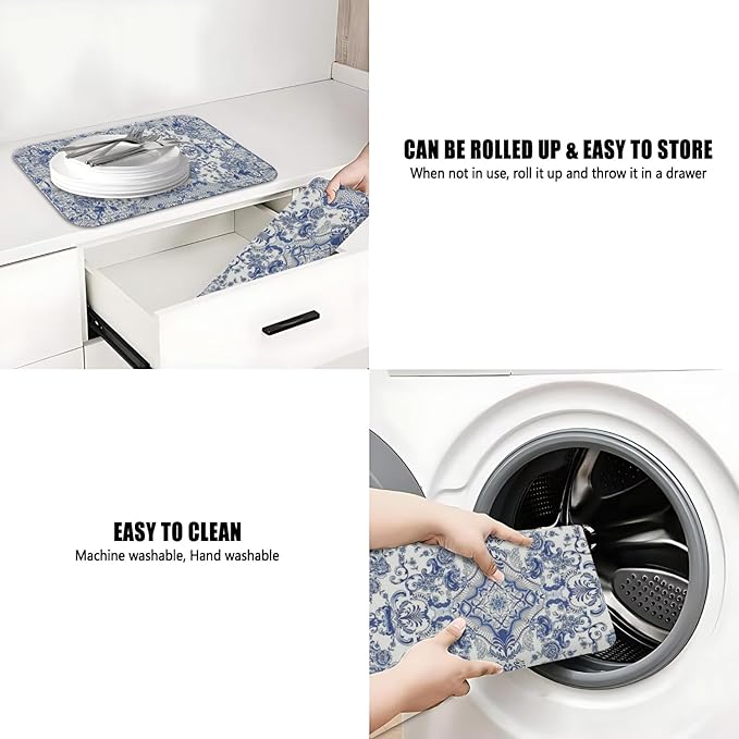 Dish Drying Mat for Kitchen Counter 2 Pack with Non-Slip Rubber Backing - Heat-Resistant Absorbent Coffee Bar Mat, Dish Rack Mat, Blue and White Pattern Dish Drying Mats 18x24+19.5x12 inch