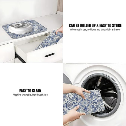 Dish Drying Mat for Kitchen Counter 2 Pack with Non-Slip Rubber Backing - Heat-Resistant Absorbent Coffee Bar Mat, Dish Rack Mat, Blue and White Pattern Dish Drying Mats 18x24+19.5x12 inch