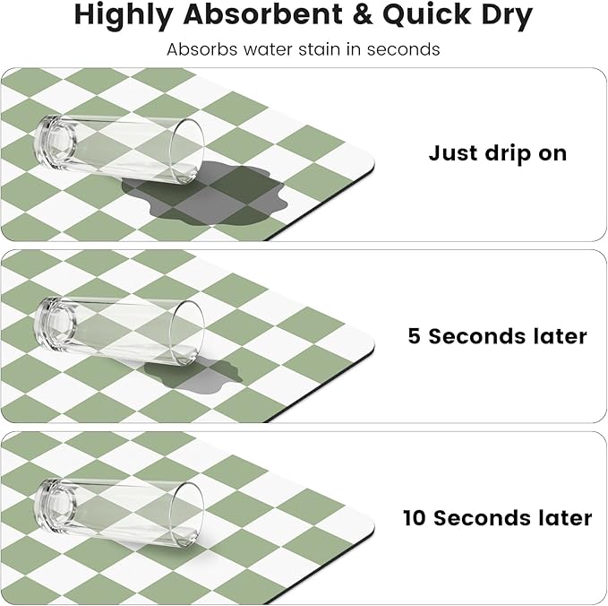 17" x 32" Checkered Dish Drying Mat for Kitchen Counter, Absorbent Coffee Bar Mat for Espresso Machine Coffee Countertops Accessories (Green)