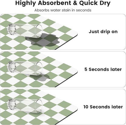 17" x 32" Checkered Dish Drying Mat for Kitchen Counter, Absorbent Coffee Bar Mat for Espresso Machine Coffee Countertops Accessories (Green)