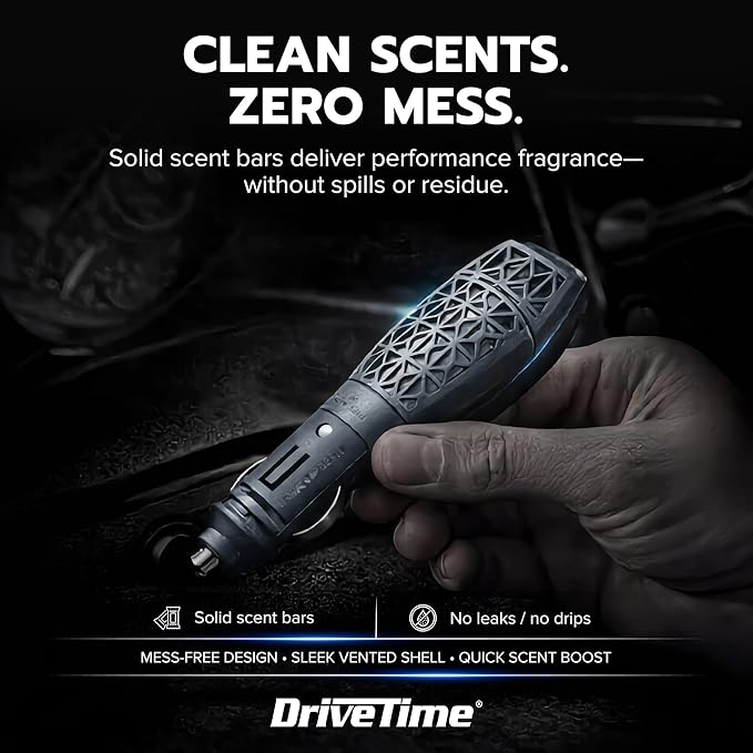 Drive Time Power Fresh Refillable Car Air Freshener – 12V Plug-In Reusable Car Scents Air Enhancer with Long-Lasting Scent Up to 30 Days – Includes 4 Scent Bars – Compact Design - Silver