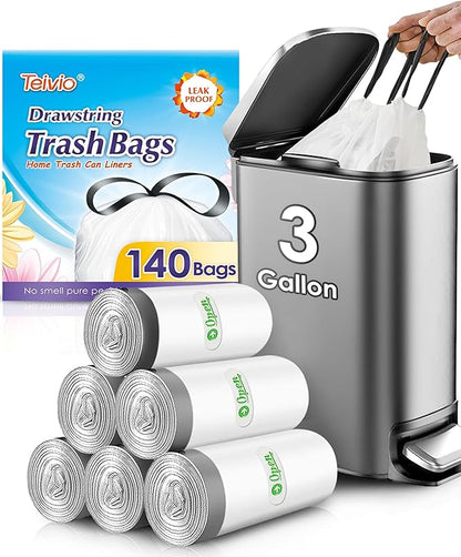 3 Gallon Small 140 Counts Strong Drawstring Trash Bags Garbage Bags by Teivio, Bathroom Trash Can Bin Liners, Plastic Bags for home office kitchen, White