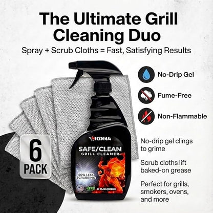 Kona Safe/Clean Grill Cleaner Spray, 23 oz + 6 Stainless Steel Scrub Cloths Bundle, No-Drip Gel Degreaser for Grill Grates, Griddles, Oven, Stainless Steel