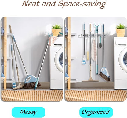 OUTNILI 2 Pack Mop Broom Holder Wall Mount - White Wood Broom Mop Hanger - Wall Mounted Garden Tool Rack Organizer for Closet Garage Laundry Room, 4 Slots & 4 Hooks
