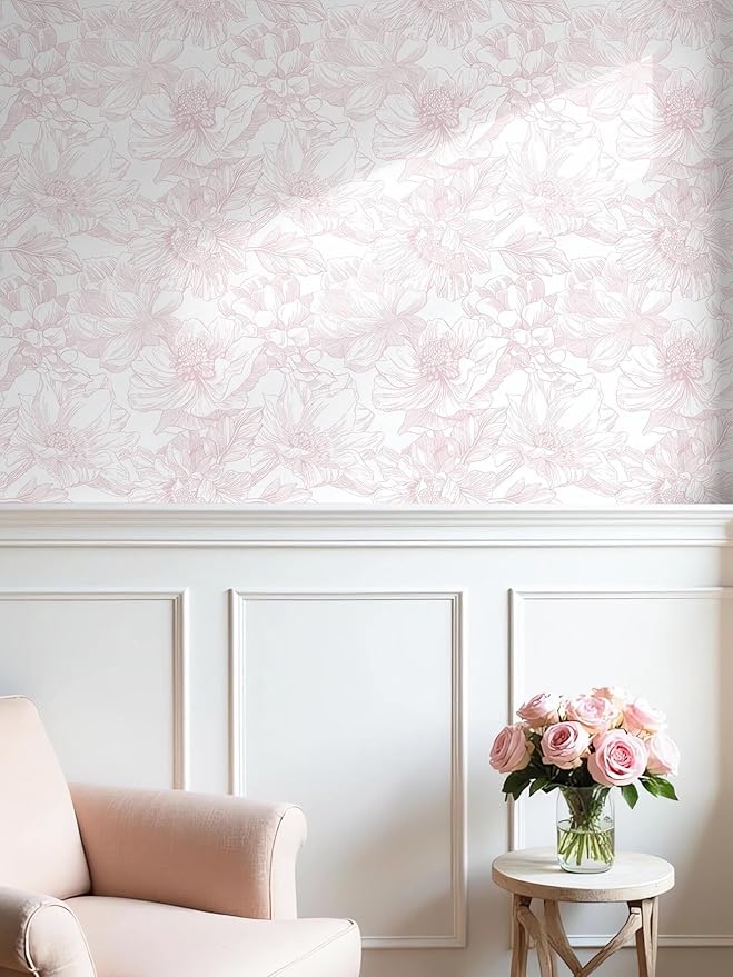 Ismoon Large Floral Peel and Stick Wallpaper Boho White/Pink Contact Paper 17.3inx6.5ft Removable Self Adhesive Bedroom Cabinet Mural Wall Decor Vinyl Roll