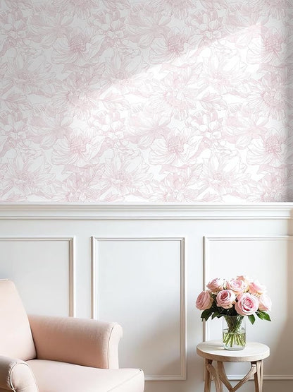 Ismoon Large Floral Peel and Stick Wallpaper Boho White/Pink Contact Paper 17.3inx6.5ft Removable Self Adhesive Bedroom Cabinet Mural Wall Decor Vinyl Roll