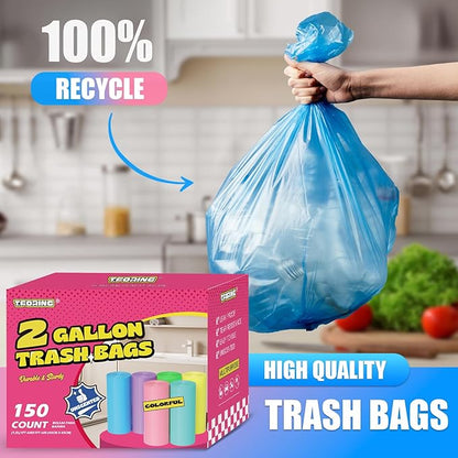 Mini Trash Bags 2 Gallon - 150 Count Small Garbage Bags Unscented,7.5 Liter Colored Plastic Trash Can Liners,Thick Waste Basket Liners for Bathroom Home and Office