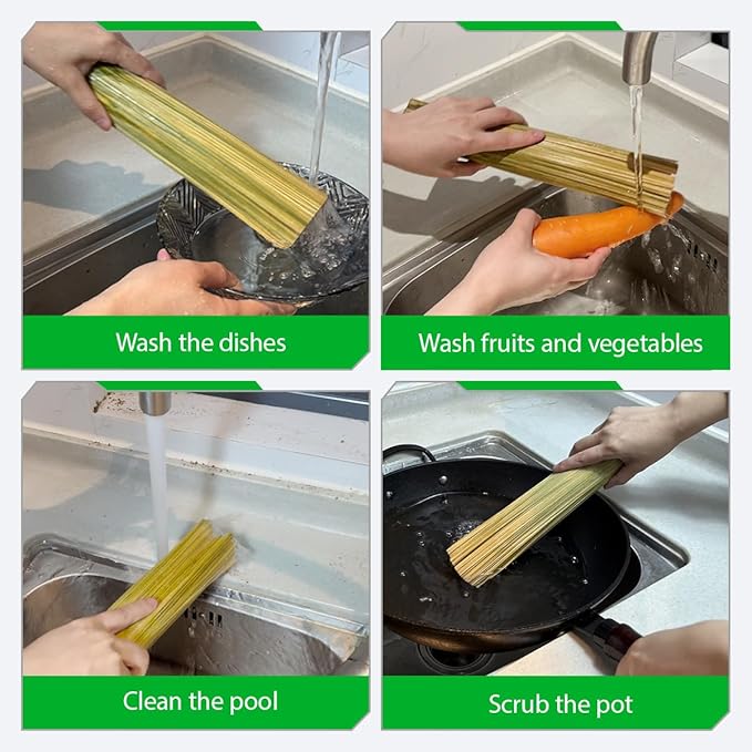 2-Pack Natural Bamboo Cleaning Brush Set Heavy Duty Wok Scrubber for Cast Iron Pans, BBQ Grills & Pots Stubborn Stain Remover, Kitchen Scrub Brush