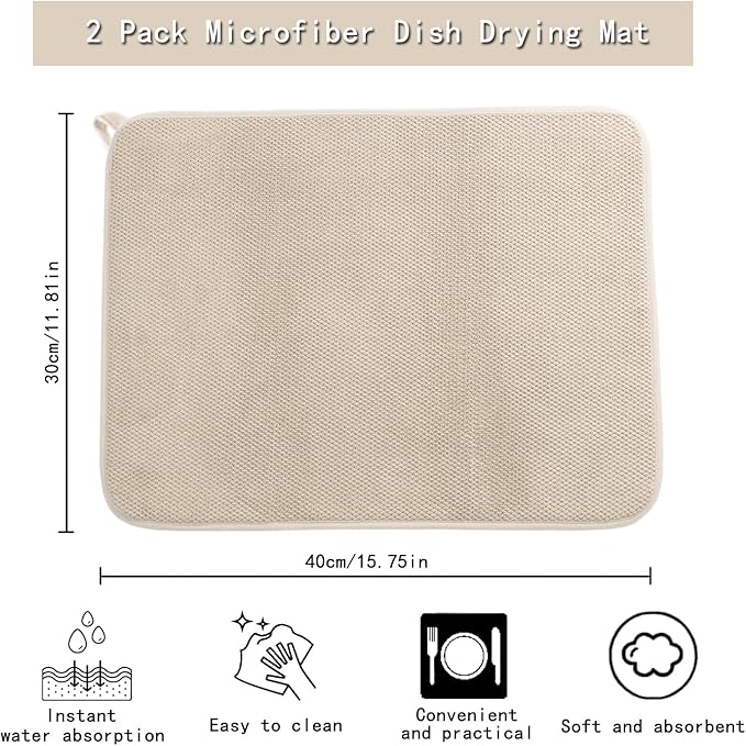 2 Pack Microfiber Dishes Drying Mats, Reusable Washable Dish Drainer Pad for Kitchen Counter, Small Size Super Absorbent Dishes Drying Pads, 12 x16 Inch, Beige