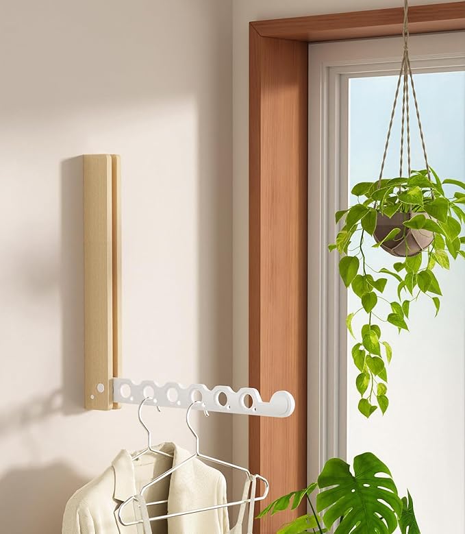 Natural Wood Folding Clothes Hanger Rack for Laundry Room, Wall Mounted Clothes Drying Rack, Laundry Drying Rack Foldable, Perfect for Small Spaces, Beech Wood White