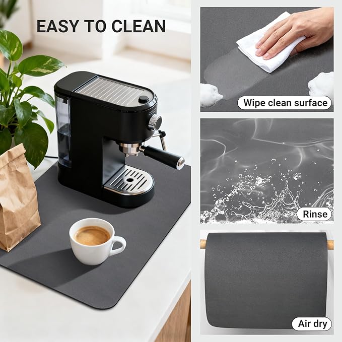 Coffee Mat 24x16 Inch, Dark Gray Coffee Table Mat, Absorbent Hide Stain Rubber Backed Dish Drying Mat for Kitchen Counter, Bar Mats for Countertops, Under Coffee Bar Maker Machine Pot Espresso Staion