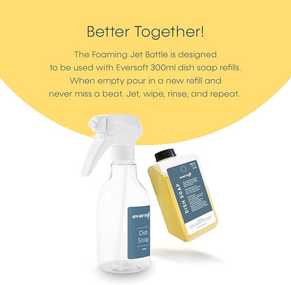 Eversoft Foaming Jet Dish Soap Spray Trigger Bottle for kitchen/bathroom/office/RV/Airbnb, 350 ml (12.0 oz), Sealed Refill Cartridges Sold Separately, Clear