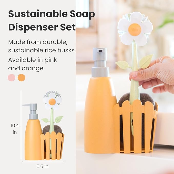 Vigar Florganic Kitchen Soap Dispenser Set, Dish Soap Dispenser with Sponge Caddy and Dish Brush, Daisy-Themed, Perfect Kitchen Sink Caddy, Orange