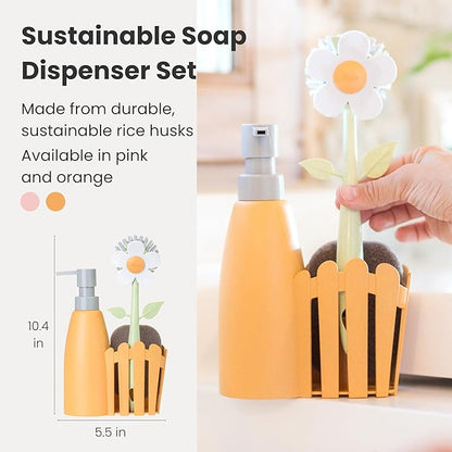 Vigar Florganic Kitchen Soap Dispenser Set, Dish Soap Dispenser with Sponge Caddy and Dish Brush, Daisy-Themed, Perfect Kitchen Sink Caddy, Orange