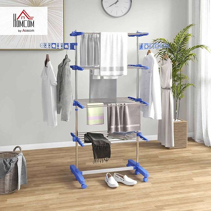 HOMCOM Folding Clothes Airer with Side Wings for Indoor and Outdoor Use 142 x 55 x 172 cm 4 Levels Blue