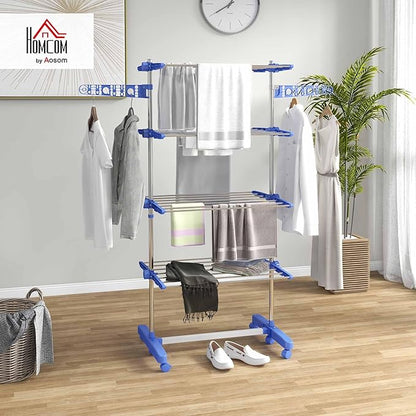 HOMCOM Folding Clothes Airer with Side Wings for Indoor and Outdoor Use 142 x 55 x 172 cm 4 Levels Blue