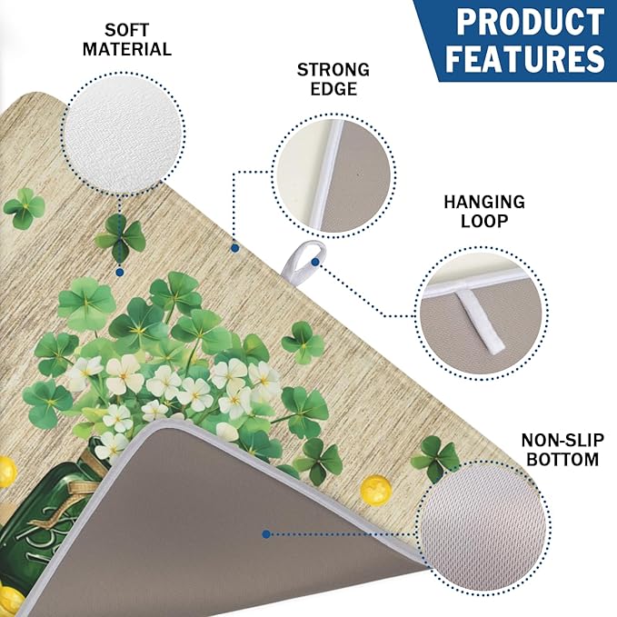St Patricks Day Dish Drying Mat for Kitchen Counter Spring Holiday Green Lucky Shamrock Vase Drying Mat 18x24 Inch Absorbent Dish Drainer Mat Kitchen Accessories