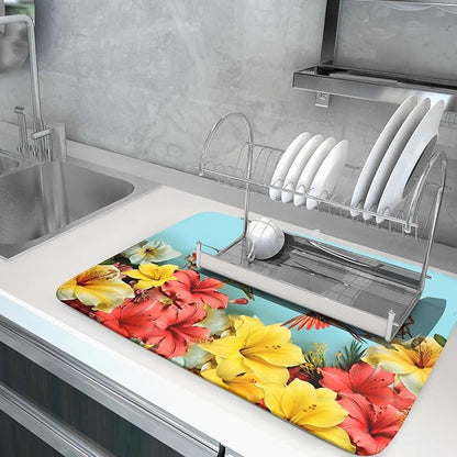 Kawani Spring Hummingbirds Floral Dish Drying Mat for Kitchen Counter 18x24 In Spring Hibiscus Tropical Drying Mat Fast Dry Absorbent Microfiber Dish Drainer Rack Pad Flower Mat for Countertop Decor