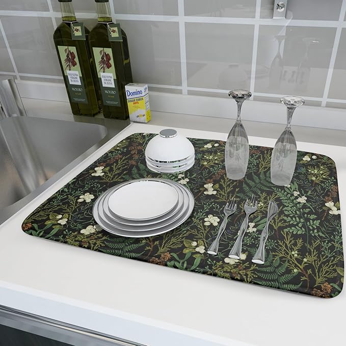 Black Sage Green Plant Dish Drying Pad 18 x 24 Inch with Absorbent Reversible Microfiber Vintage Botanical Fern Leaves Floral Drying Mats For Kitchen Counter Dining Room Decoration