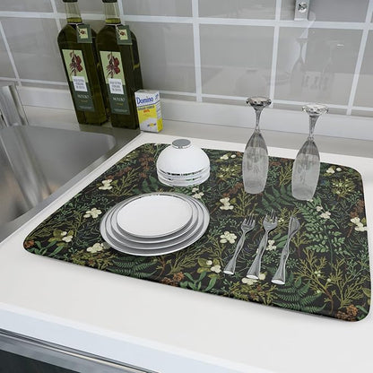 Black Sage Green Plant Dish Drying Pad 18 x 24 Inch with Absorbent Reversible Microfiber Vintage Botanical Fern Leaves Floral Drying Mats For Kitchen Counter Dining Room Decoration
