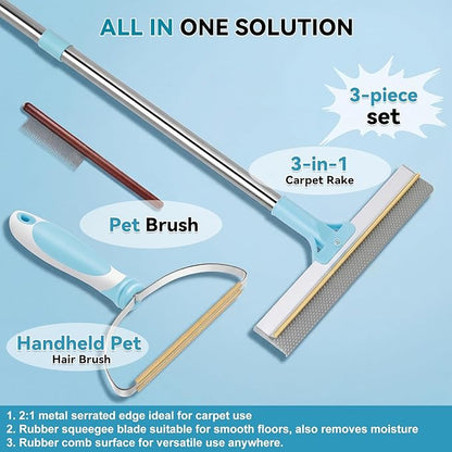 Carpet Rake for Pet Hair Removal Tool, Reusable Pet Hair Rake with 63” Adjustable Long Handle, Cat Dog Hair Remover Carpet Broom and Scraper, for Carpets, Rugs, Mats, Couch, Furniture, Car