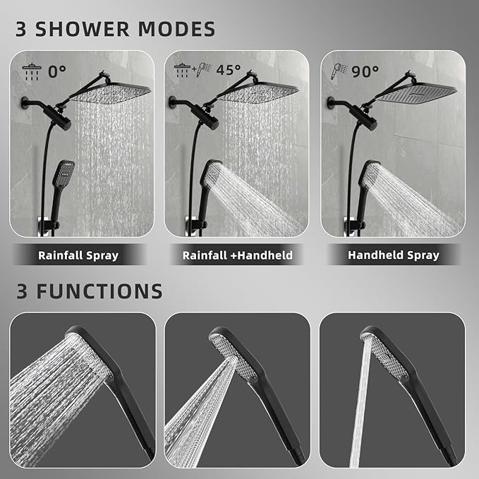 12" Rain Shower Head with Handheld Spray, Rainfall Shower Head with Handheld Combo, 11" Stainless Steel Extension Arm with Height & Angle Adjustable High Pressure Showerheads, Matte Black
