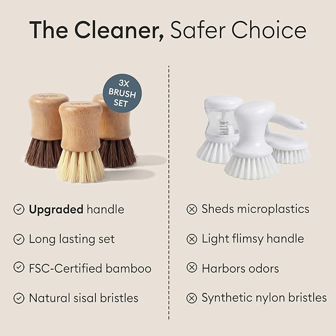 Vove Bamboo Scrub Brush Set, 3 Pack - FSC Certified Bamboo, Plastic-Free Natural Fiber Bristles, Sisal & Union Fibers, Stainless Steel - Kitchen Dish Scrubbing Set, 2 Hard, 1 Medium