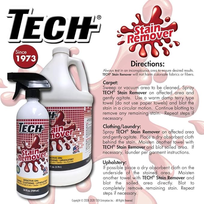TECH Multi-Purpose Stain Remover | For Carpet, Clothes, Baby, Furniture, Pet, Laundry, Rug Stains | Red Wine, Blood, Coffee, Armpit Stain Remover All-In-One Solution | (3 Pack of 8oz Bottles)