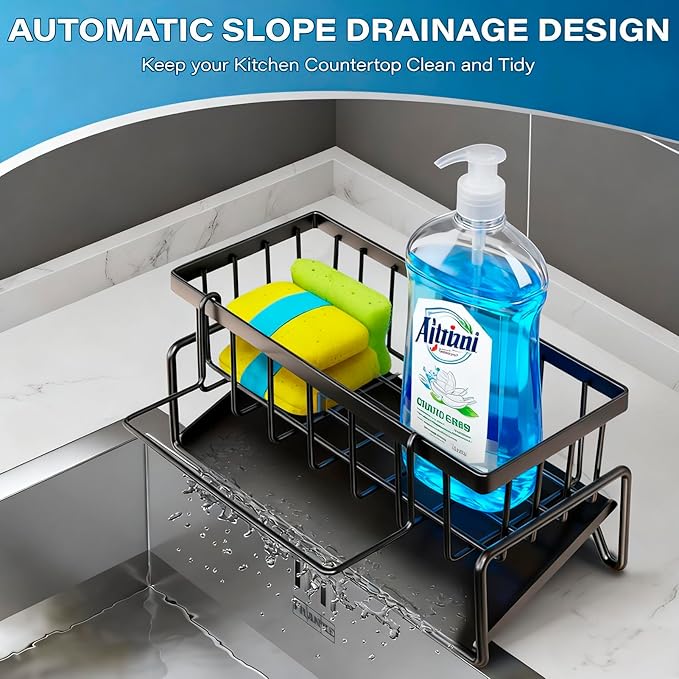 Kitchen Sink Caddy, Sponge Holder for Kitchen, Soap Dish Holder for Countertop, with Dishcloth Hanger Drying Rack, Rustproof 304 Stainless Gadgets Sink Accessories (Black)