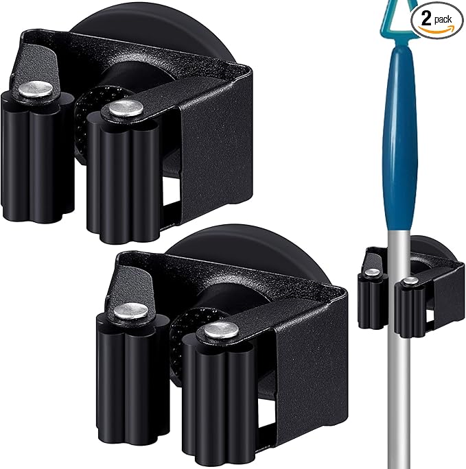 Vercraft 2 Pcs Magnetic Mop Broom Holder Movable Magnetic Broom Holder Rack, Anti Slip Wall Mounted Utility for Cleaning Tools, Garage, Kitchen, Laundry, Garden (Black)