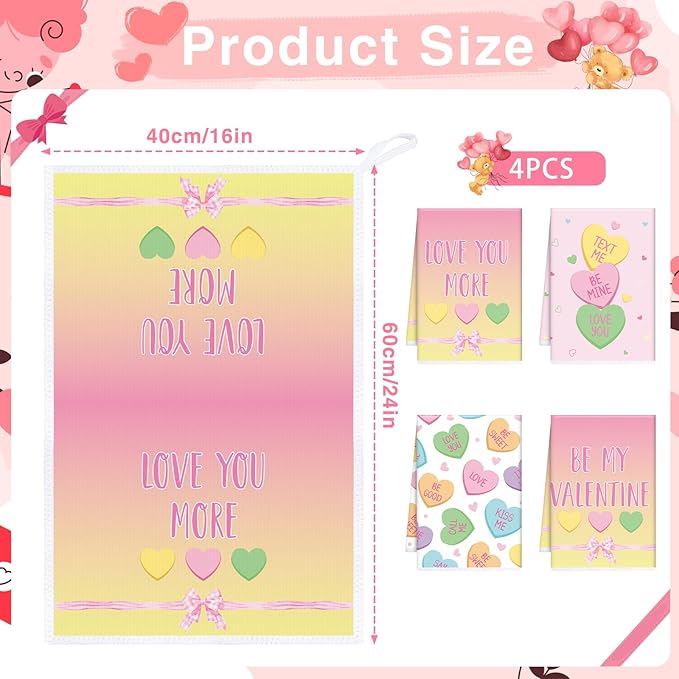 Valentines Day Kitchen Towels, 4PCS Conversation Heart Dish Towels for Cooking Cleaning, Absorbent Aesthetic Tea Towel with Hanging Loop for Home Kitchen Decor(16 X 24 Inches)