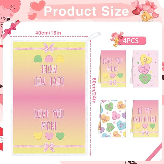 Valentines Day Kitchen Towels, 4PCS Conversation Heart Dish Towels for Cooking Cleaning, Absorbent Aesthetic Tea Towel with Hanging Loop for Home Kitchen Decor(16 X 24 Inches)