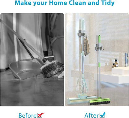 homeasy Mop Broom Holder No Drill, Mop Broom Organizer Wall Mounted Heavy Duty with Hooks Hanger, Self Adhesive Stainless Steel 6Pcs for Bathroom, Kitchen, Office (Silver)