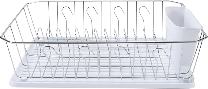 Kitchen Details 3 Piece Dish Rack | Drying Rack, Cutlery Basket & Drainboard Tray | Countertop | Self Draining | Open Wire Design | Chrome | White