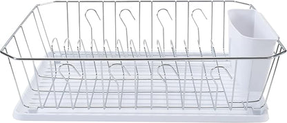 Kitchen Details 3 Piece Dish Rack | Drying Rack, Cutlery Basket & Drainboard Tray | Countertop | Self Draining | Open Wire Design | Chrome | White