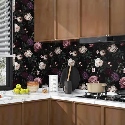 Fvlow Dark Flower Wallpaper Peel and Stick Vintage Pink Rose Contact Paper 17.4" x 393" Black Floral Waterproof Self-Adhesive Wall Covering for Bedroom Countertop Desk Cabinet