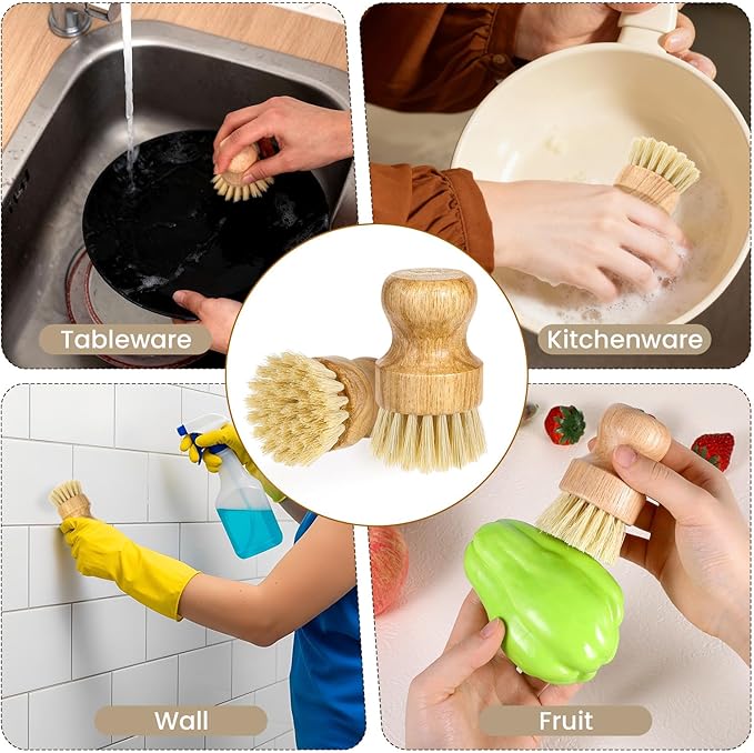 12 Packs Bamboo Dish Scrub Brush Wooden Washing Scrubbers with Sisal Bristles Kitchen Palm Pot Brush Round Mini Dish Brushes for Household Iron Pot Pan Sink Sink Vegetables Cleaning