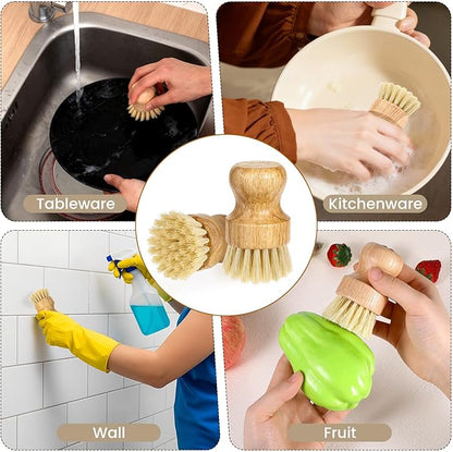 12 Packs Bamboo Dish Scrub Brush Wooden Washing Scrubbers with Sisal Bristles Kitchen Palm Pot Brush Round Mini Dish Brushes for Household Iron Pot Pan Sink Sink Vegetables Cleaning