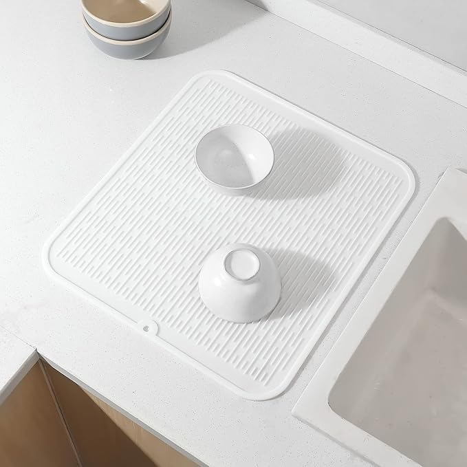 MicoYang Silicone Dish Drying Mat for Multiple Usage,Easy clean,Eco-friendly,Heat-resistant Silicone Mat for Kitchen Counter or Sink,Refrigerator or Drawer Liner White XL 18 inches x 16 inches