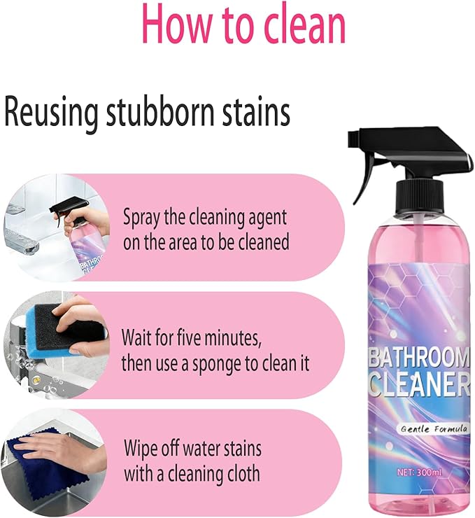 Bathroom Cleaner, All-Purpose Powerful Pink Bathroom Cleaner Spray Kit with Foam Descaler Spray, Microfiber Towel, and Scrub Sponge – Gentle Formula for Tubs, Tiles, Showers, and Glass Surfaces 300ml