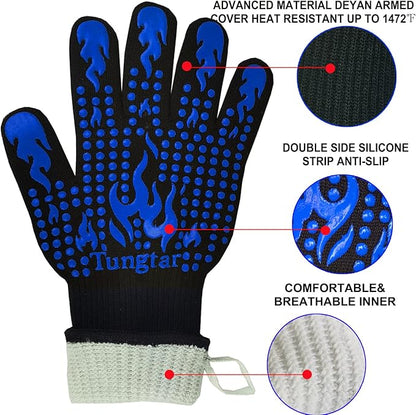 Oven Mitts Heat resistan BBQ Heat Proof Glove 1472℉ 14Inch Grill Glove for Men BBQ Gloves Gift Set for Cooking, Oven,Grilling, Baking, Welding (Long Cuff, Blue)