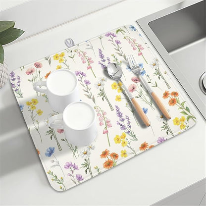 Spring Floral Dish Drying Mat for Kitchen Counter 16 x 18 Inch Colorful Flowers Dish Drainer Mat Absorbent Microfiber Dish Rack Pad for Summer Holiday Coffee Dining Bar Decor